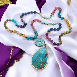 🆕️Boho-Chic Vintage-Inspired Long Boho Necklace Natural Stones & Coin Pendant